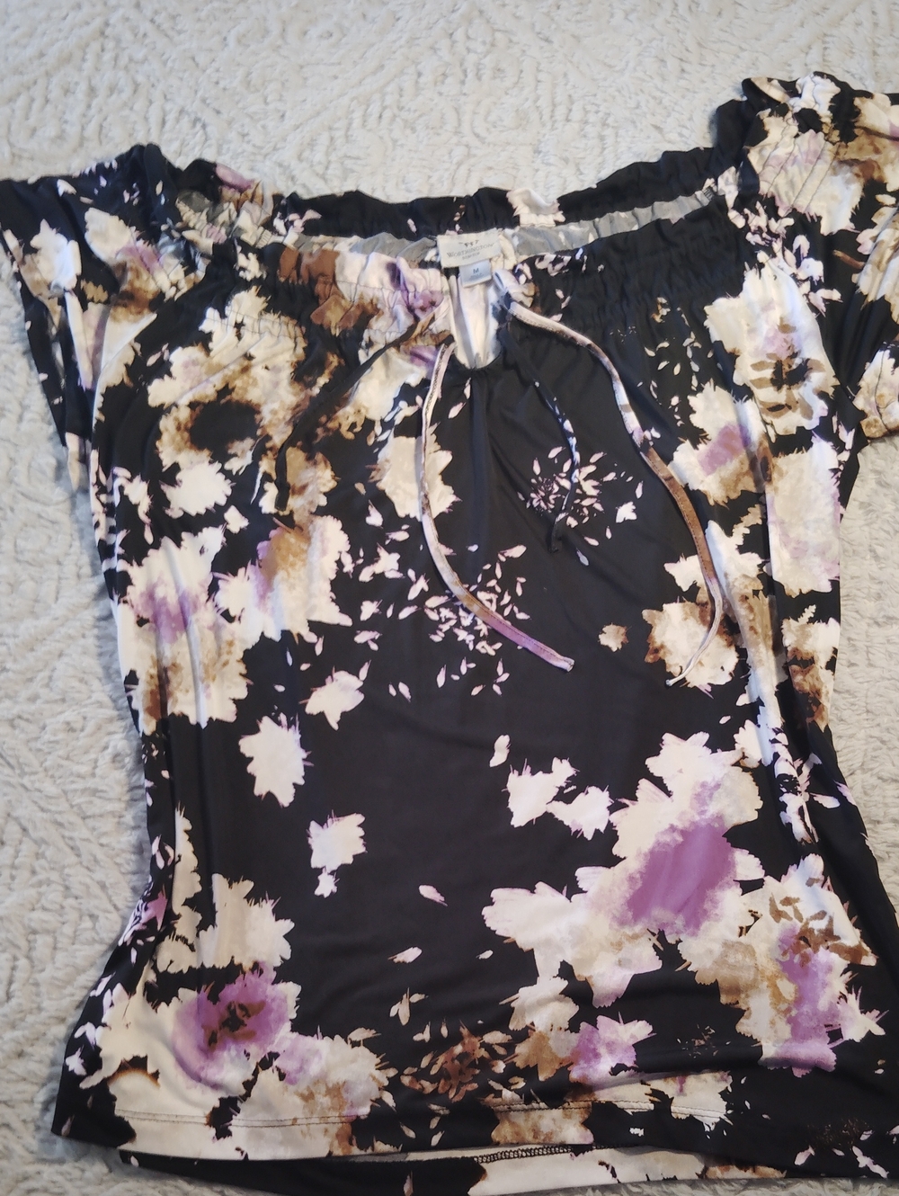 Off-Shoulder Floral Blouse in Black, Cream & Purple